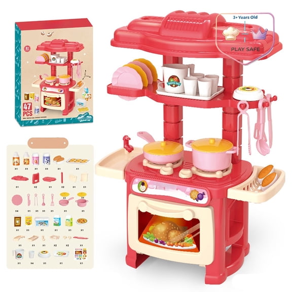 Qocolcyl Mini Double Tier Pretend Kitchen Playset with Stove Oven Cookware Utensils,Chef Cooking Role Play Educational Toy for Toddlers Kids Boys Girls 3 4 5 6 7 Years Old Pretend Play Birthday Gift