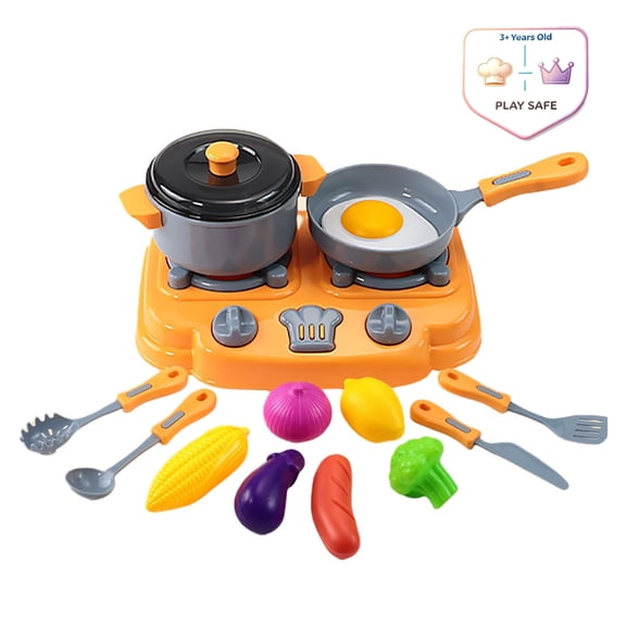 Qocolcyl Mini Pretend Stove Kitchen Playset with Cookware Pots Pans Utensils Fake Vegetables Fried Egg,Toddler Chef Cooking Role Play Educational Toy for Kids Ages 3 4 5 Pretend Game Birthday Gift