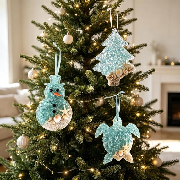 Qocolcyl Nautical Beach Christmas Tree Ornament, Seashell Sand Acrylic Hanging Decor, Snowman Tree Sea Turtle Coastal Xmas Pendant, Indoor & Outdoor Holiday Home Decor, Christmas Decorations Gift