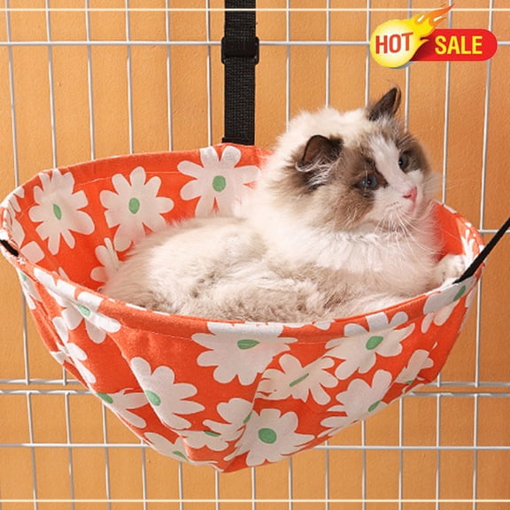 Qocolcyl Orange 13.78in Round Cat Cage Hanging Hammock Bed, 100% Cloth Adjustable Strap Metal Clip Kitty Swing Basket, Steel Frame Support Elevated Rest Mat for Indoor Kittens Cats