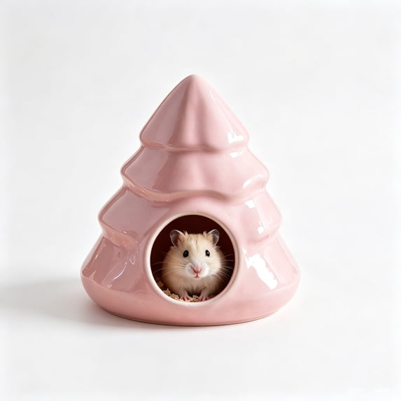 Qocolcyl Pink Ceramic Christmas Tree Hamster House, Pinaster Shaped Small Pet Hideout Bed, Breathable Cooling Habitat For Hamsters, Gerbils And Small Rodents