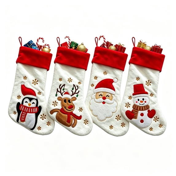 Qocolcyl Plush Embroidered Christmas Stockings, Cute Penguin Reindeer Santa Snowman Xmas Stocking with Red Cuff, Hanging Gift Bag for Fireplace Tree Indoor Christmas Decorations Holiday Family Party