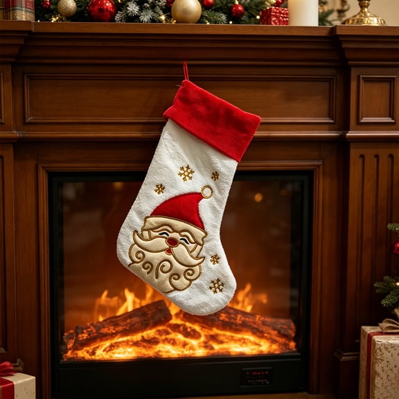 Qocolcyl Plush Embroidered Christmas Stockings, Cute Penguin Reindeer Santa Snowman Xmas Stocking with Red Cuff, Hanging Gift Bag for Fireplace Tree Indoor Christmas Decorations Holiday Family Party