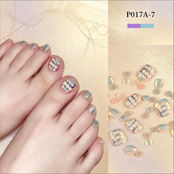 Qocolcyl Press On Toenails 24PCS, Square Fake Toenails with Gem Design, Full Cover Acrylic Toe Nails for Summer Beach,