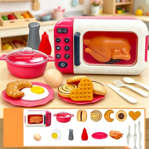 Qocolcyl Pretend Microwave Oven Play Set 17PCS with Fake Breakfast Pastries Cookware Tableware,Kitchen Chef Cooking Role Play Educational Toy for Toddlers Girls Boys Indoor Pretend Game Birthday Gift