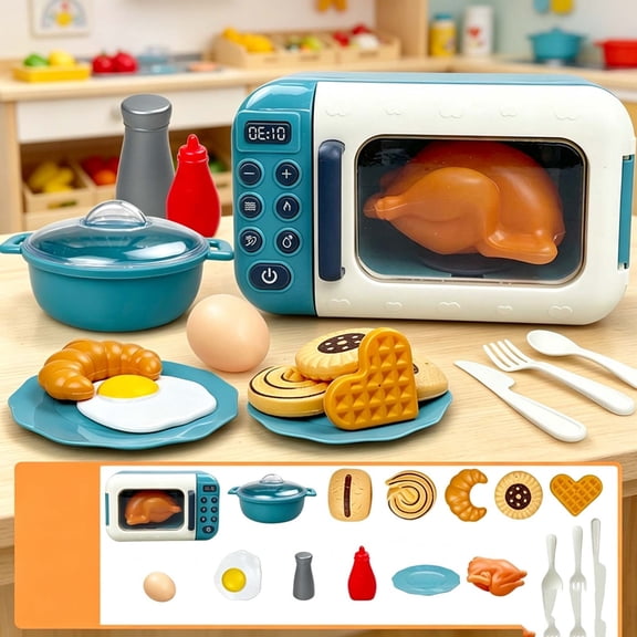 Qocolcyl Pretend Microwave Oven Play Set 17PCS with Fake Breakfast Pastries Cookware Tableware,Kitchen Chef Cooking Role Play Educational Toy for Toddlers Girls Boys Indoor Pretend Game Birthday Gift