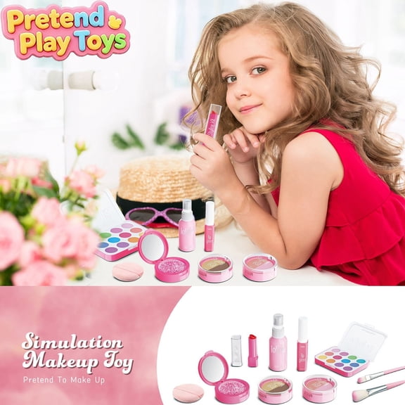 Qocolcyl Pretend Play Makeup Beauty Toy Set,Kids Toddler Fake Lipstick Eyeshadow Blush Cosmetic Kit, Preschool Educational Learning Toys, Imaginative Dress Up Salon Role Play Kit for Girls Ages 3+