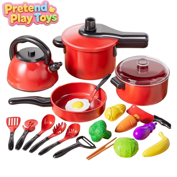 Qocolcyl Pretend Play Red Cookware Kitchen Toy Set, Kids Toddler Kettle Pot Pan Utensils Fake Vegetable Cooking Playset,Learning Toys, Imaginative Little Chef Role Play Kit for Boys Girls Ages 4+