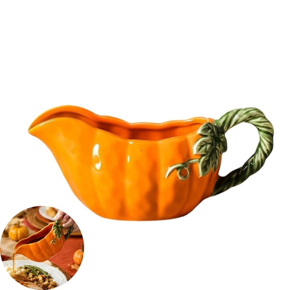 Qocolcyl Pumpkin Shaped Ceramic Gravy Boat, Fall Harvest Halloween Thanksgiving Decorations,Halloween Decor, Western Style Ceramic Sauce Pitcher, Indoor Outdoor Home Kitchen Table Serving Dish,Orange