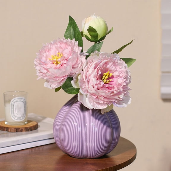 Qocolcyl Purple Ribbed Bulbous Ceramic Vase, Modern Fluted Flower Vase, Smooth Glazed Surface, Waterproof Easy-Clean Ceramic for Bedroom Office Desktop Decor