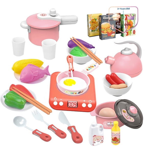 Qocolcyl Realistic Kitchen Cooking Playset (36PCS) with Mini Induction Cooktop Utensils Fake Vegetables Breakfast Food,Chef Role Play Educational Toy for Toddlers Pretend Play Christmas Birthday Gift