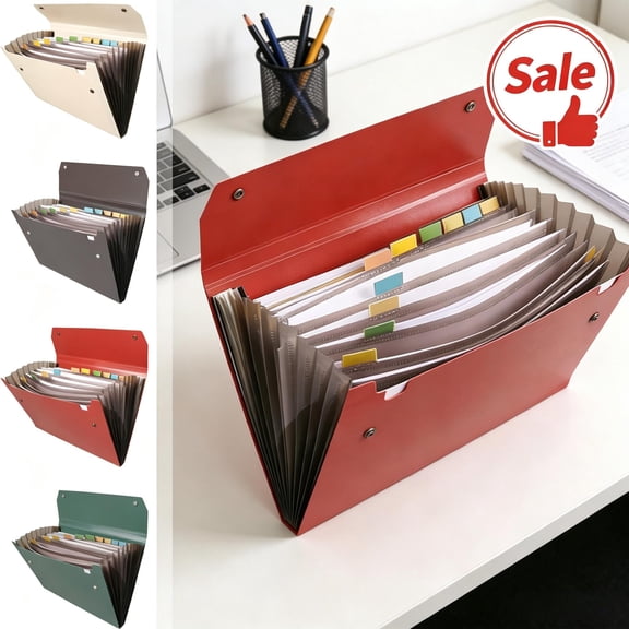 Qocolcyl Red 12 Pocket Accordion File Folder, Color Coding Tabs & Snap Closure, Large Capacity Waterproof Plastic A4 Document Organizer for Office Household Paper Classification Storage