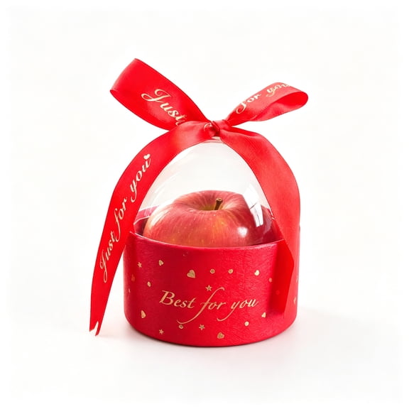 Qocolcyl Red Christmas Eve Apple Gift Box, 3.94 Inch Paper Present Container with Transparent Dome Lid and Ribbon Bow, Festive Treat Packaging Box for Indoor Celebration Holiday Party Favor