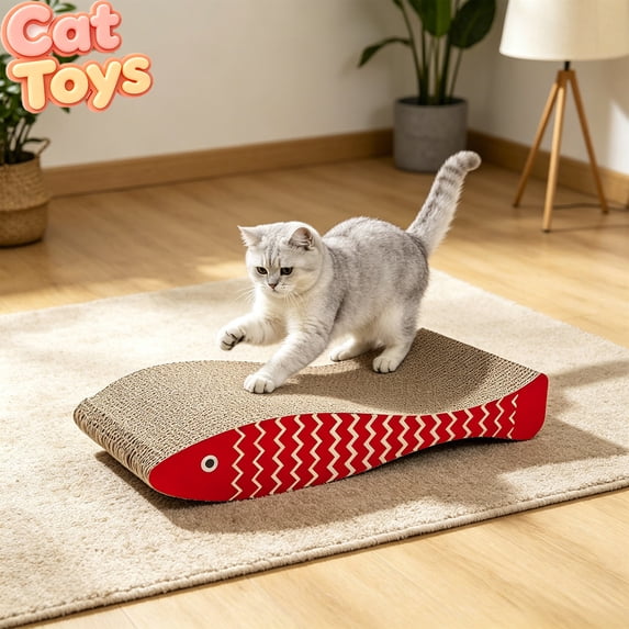 Qocolcyl Red Fish Shaped Corrugated Cardboard Cat Scratcher Pad, Durable Scratch Board Lounge Bed, Furniture Protector Claw Sharpener Interactive Enrichment Toy For Indoor Kittens Adult Cats