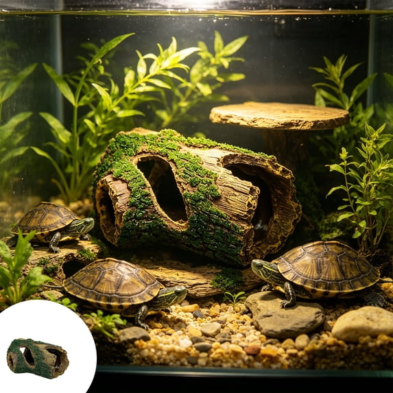 Qocolcyl Reptile Hideout Cave, Resin Artificial Moss Tree Trunk Turtle Basking Shelter, Aquarium Landscape Decor Climbing Ornament for Turtles Lizards Amphibians Paludarium