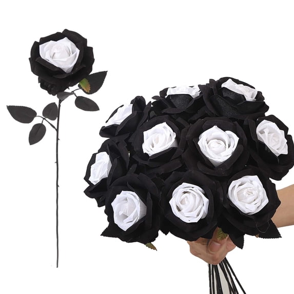 Qocolcyl Roses Artificial Flowers - Realistic Long Stem Fake Roses Mashup Style Silk Roses for DIY Bouquets Wedding Centerpieces Arrangements Home Party Decor, Halloween Decorations(Black & White)
