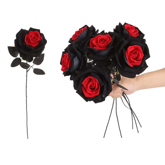 Qocolcyl Roses Artificial Flowers - Realistic Long Stem Fake Roses Mashup Style Silk Roses for DIY Bouquets Wedding Centerpieces Arrangements Home Party Decor, Halloween Decorations(Black & Red)