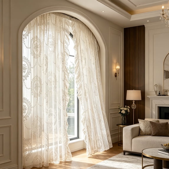 Qocolcyl Ruffled Vintage Lace Sheer Curtains 2 Panels,Floral Embroidery Light Filter Window Drapes,Multi Color Rod Pocket Lace Curtain Panels,Romantic Living Room Window Decor White