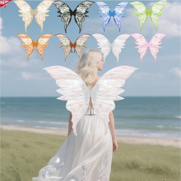 Qocolcyl Sparkly Gradient Fairy Butterfly Wings For Women, Foldable Organza Elf Wing Costume Accessory, Indoor Outdoor Halloween Cosplay Masquerade Carnival Photo Shoot Party Dress Up Prop