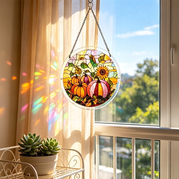 Qocolcyl Stained Acrylic Pumpkin Puzzles Round Hanging Sign,Fall Harvest Window Suncatcher Decor,Rustic Farmhouse Thanksgiving Front Door Window Indoor Outdoor Seasonal Wall Ornament Gift
