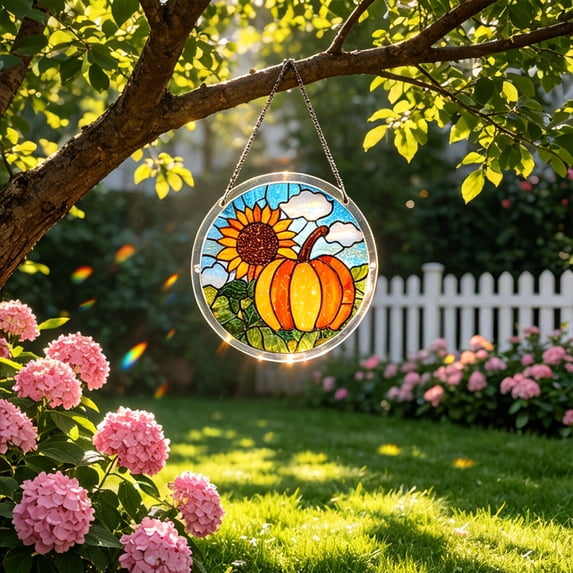 Qocolcyl Stained Acrylic Sunflower Pumpkin Puzzles Round Hanging Sign,Fall Harvest Window Suncatcher Decor,Rustic Farmhouse Thanksgiving Front Door Window Indoor Outdoor Seasonal Wall Ornament Gift