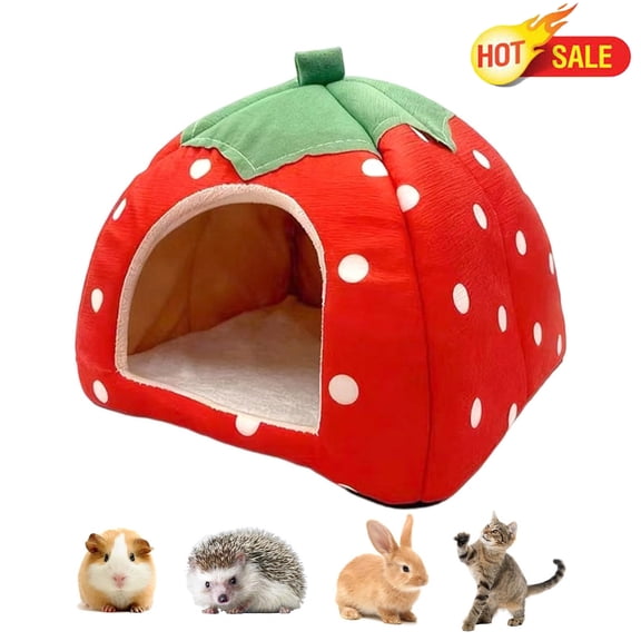 Qocolcyl Strawberry Calming Small Pet Hideout House, 100% Wool Washable 3-in-1 Warm Cave Nest, Non-Slip Cushion Winter Sleeping Bed for Guinea Pigs Rabbits Hamsters Hedgehogs Indoor Cage Accessory