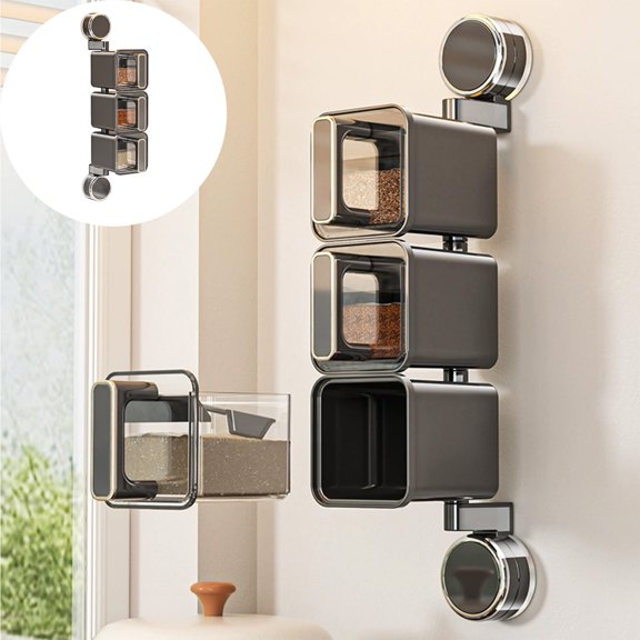 Qocolcyl Suction Cup Wall Mounted Spice Jars Set,3-Tier Rotating Seasoning Containers, Airtight Salt & Condiment Storage Box,Punch-Free Kitchen Organizer, Sealed Seasoning Box for Counter & Wall Use