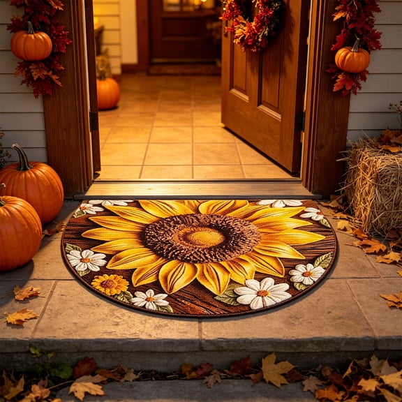 Qocolcyl Thankgiving Semicircle Doormat,Simulation 3D Pumpkin Printed Soft Non Slip Absorbent Fall Harvest Floor Rug,Farmhouse Daisy Indoor Entryway Kitchen Bathroom Thanksgiving Home Decor Mat