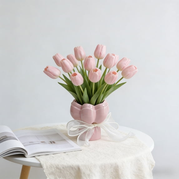 Qocolcyl Tulip-Shaped Ceramic Bud Vase,Small Flower Vase with Ribbon Bow, Glossy Finish, Leakproof,for Home Wedding Table Decor