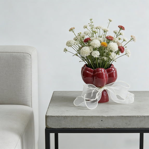 Qocolcyl Tulip-Shaped Ceramic Bud Vase,Small Flower Vase with Ribbon Bow, Glossy Finish, Leakproof,for Home Wedding Table Decor