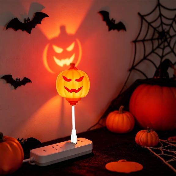Qocolcyl USB Plug In Halloween Pumpkin Projector Light, Yellow LED Ghost Silhouette Projection Lamp, Compact Spooky Jack O Lantern Projector for Indoor Outdoor Halloween Party Decorations