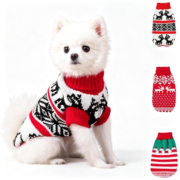 Qocolcyl Ugly Vintage Dog Christmas Sweater,Soft Stretch Knit Turtleneck Puppy Jumper, Snowflake Elf Stripe Winter Pet Clothes,Xmas Reindeer Festive Costume for Small Medium Dogs Indoor Daily Walking