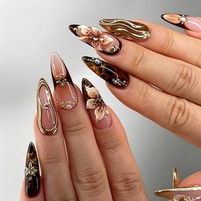 Qocolcyl Vintage Butterfly Flower Press On Nails, Almond Fake Nails with 3D Floral & Gem Design, Long Acrylic Nails for Party, 24PCS