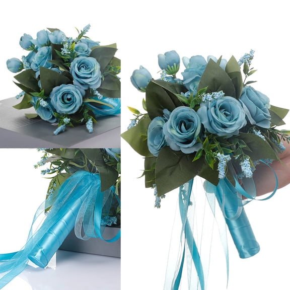 Qocolcyl Wedding Bouquets for Bride Bridesmaid,Artificial Dusty Blue Bride Flower Bouquet for Wedding Marriage Proposal Church Decoration Ceremony,Anniversary