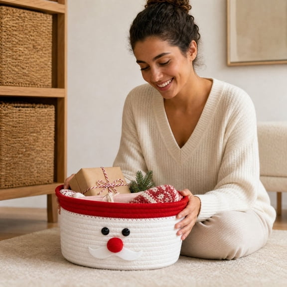 Qocolcyl White Christmas Woven Gift Basket Storage Basket Bag, Cute Holiday Decor Open‑Top Cotton Rope Organizer Bin for Desktop Tabletop Sundries Small Ornaments Home Party Gift Container