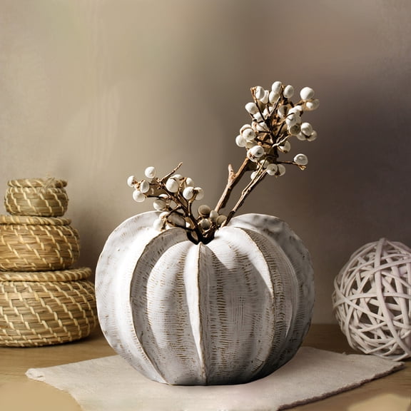 Qocolcyl White Distressed Pumpkin Shaped Ceramic Vase, Rustic Fall Flower Vase, Thickened Matte Ceramic, Scratch Resistant Reusable Art Vase for Home Farmhouse Decor Short