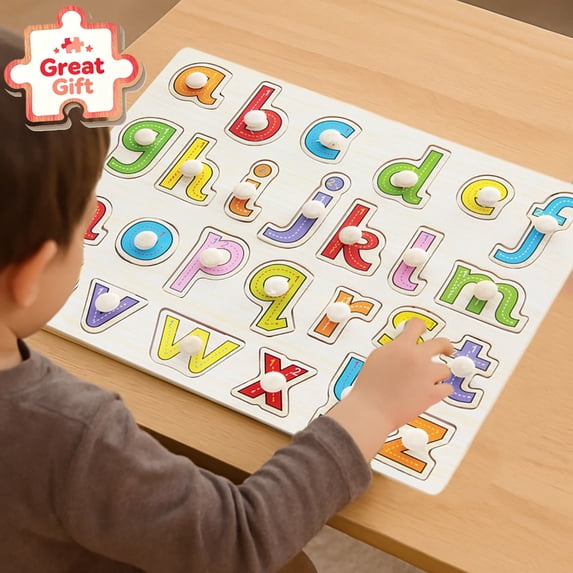 Qocolcyl Wooden Alphabet Puzzle Board,Upper Lower Case ABC Letter Matching Toy,Montessori Toddler Early Literacy Learning Game,Kids Preschool Wooden Letter Puzzle for Christmas Holiday Birthday Gift