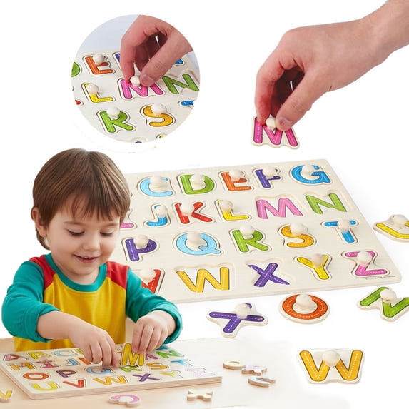 Qocolcyl Wooden Alphabet Puzzle Board,Upper Lower Case ABC Letter Matching Toy,Montessori Toddler Early Literacy Learning Game,Kids Preschool Wooden Letter Puzzle for Christmas Holiday Birthday Gift