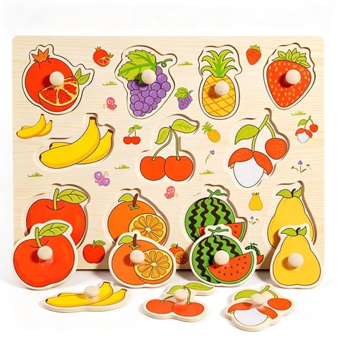 Qocolcyl Wooden Fruit Peg Puzzle Board for Toddlers Age 3+,Montessori Preschool Educational Toy, Shape Color Cognition Fine Motor Game, Screen-Free Christmas Stocking Stuffer Gift for Boys Girls Kids