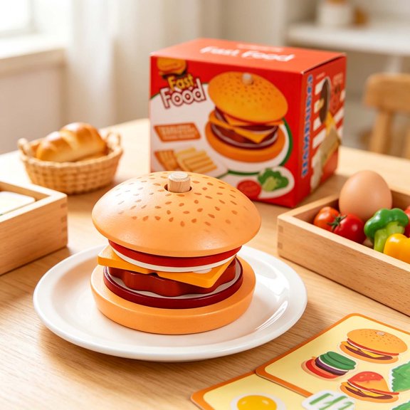 Qocolcyl Wooden Stacking Hamburger Sandwich Play Food Set with Matching Order Cards,Fast Food Assembling Sorting Puzzle Educational Pretend Play Toy for Toddlers Kids Early Learning Birthday Gift