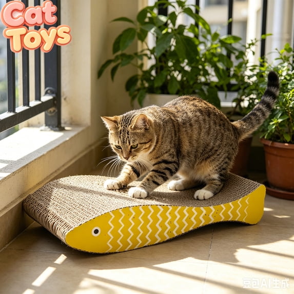 Qocolcyl Yellow Fish Shaped Corrugated Cardboard Cat Scratcher Pad, Durable Scratch Board Lounge Bed, Furniture Protector Claw Sharpener Interactive Enrichment Toy For Indoor Kittens Adult Cats