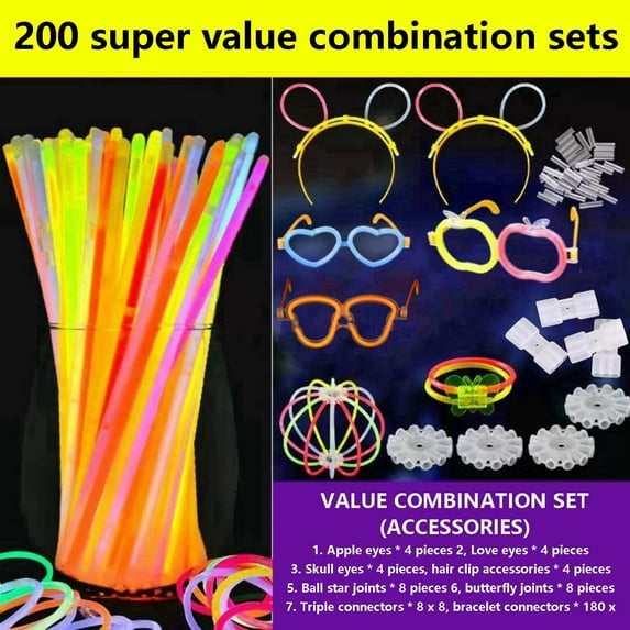 Qocolhg 200 Ultra Bright Glow Sticks Bracelets and Necklaces - Premium Glow in the Dark Party Supplies and Decorations - Bulk 8" Glowsticks Party Favors Pack, Christmas Party Decoration