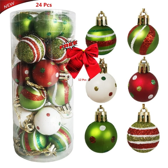 Qocolhg 24 Pcs Shatterproof Christmas Ball Ornaments Set, Glittering Plastic Hanging Decorations Elf Balls Swirl Candy Cane Peppermint Red and Green Christmas Tree Pendants for Xmas Tree Decoration