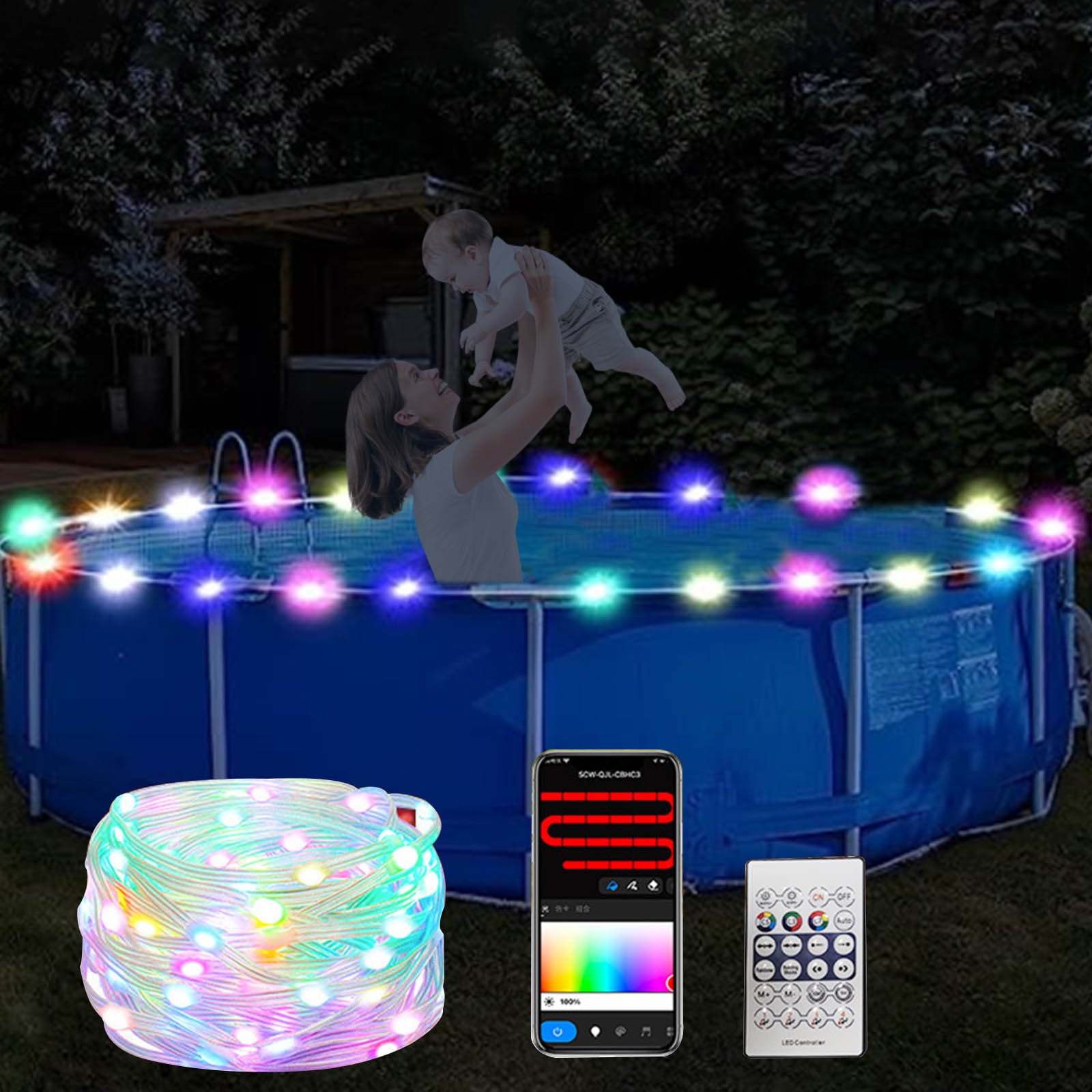 Qocolhg 393.7in Remote LED Lights for Above Ground Pools, Waterproof