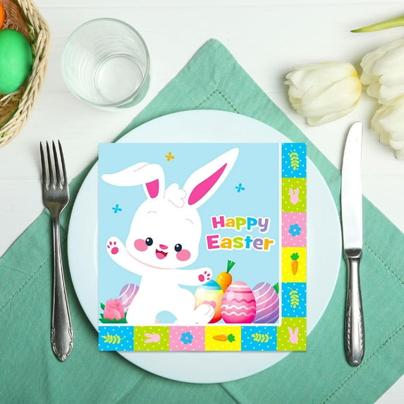 Qocolhg 40 Pcs Happy Easter Napkins Set Happy Easter Decorations Party Supplies Bunny Rabbit Easter Egg Paper Napkins Happy Easter Party Supplies for Easter Spring Themed Party Supplies