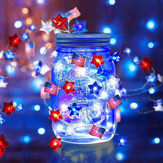 Qocolhg 4th of July Decorations String Lights, Red White Blue String Lights with 20 LED 6.56 Ft Flag Stars Patriotic Lights, Battery Operated Design for Indoor Outdoor Memorial Day Independence Day