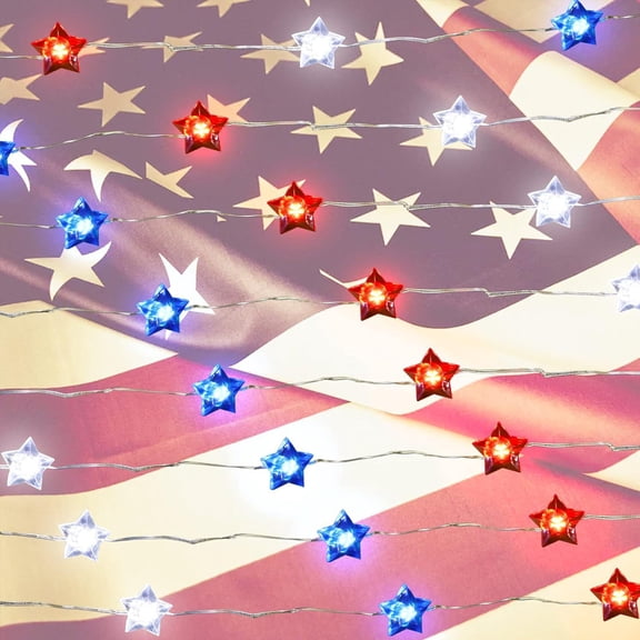 Qocolhg 4th of July Decorations String Lights, Red White Blue String Lights with 30 LED 10 Ft Flag Stars Patriotic Lights, Battery Operated Design for Indoor Outdoor Memorial Day Independence Day