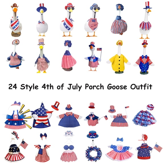 Qocolhg 4th of July Porch Goose Outfits for 23 inch Lawn Statue, Patriotic Costume for Goose Statue, Summer Sculpture Porch Goose Clothes for Garden Patio Anniversary Independence Day, 16 Decorations