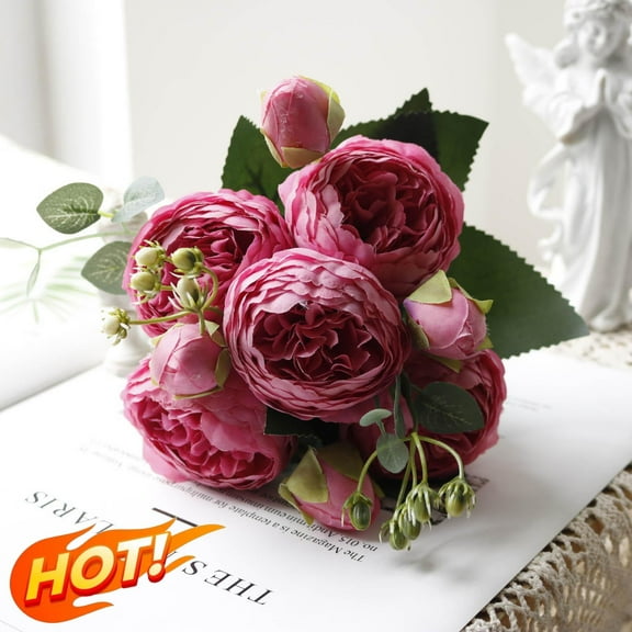 Qocolhg 5 Head Fake Flowers Vintage Artificial Peony Silk Flowers Bridal Wedding Home Party Decoration, Real Touch Fake Silk Bouquet for Arrangements Dining Table Centerpieces, Hot Pink
