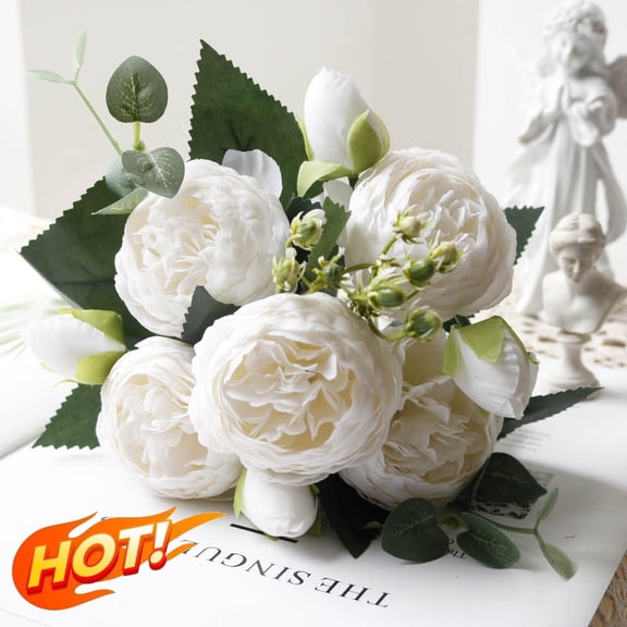Qocolhg 5 Head Fake Flowers Vintage Artificial Peony Silk Flowers Bridal Wedding Home Party Decoration, Real Touch Fake Silk Bouquet for Arrangements Dining Table Centerpieces, White